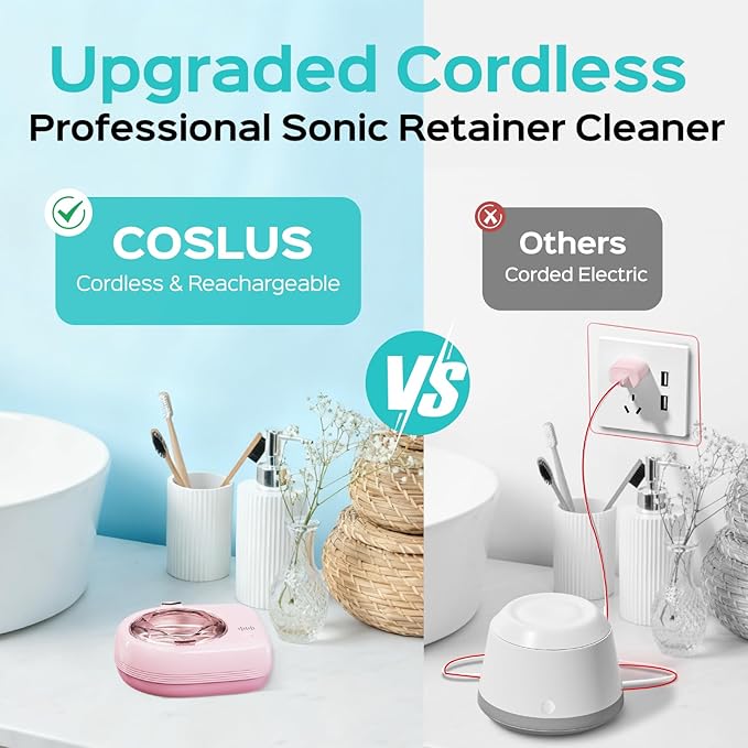 COSLUS Sonic Retainer Cleaner Machine: Cordless Professional Dental Cleaning Pod for Retainer, Aligner, Night Guard Deep Cleaning - Rechargeable Mini Travel Design, Quiet for Home Use with Timer
