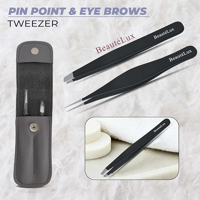 Precision Tweezer Set, Pointed tip & Slant Tip Tweezer for women & men, Stainless Steel eyebrow Tweezers, Stocking Stuffer, tweezer for Chin hair, Ingrown Hair Removal, Black tweezers with case