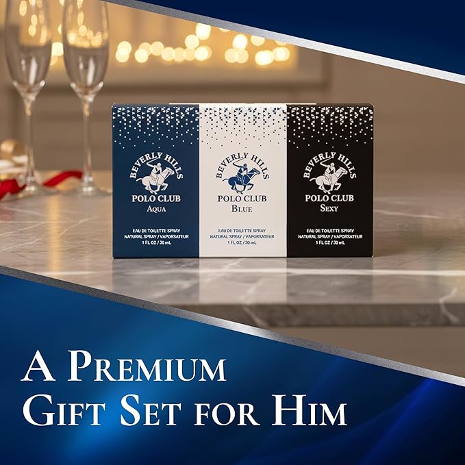 Beverly Hills Polo Club Men’s Eau de Toilette Gift Set – 3 Piece Slider Collection (Aqua, Blue & Sexy) – Long-Lasting EDT Fragrance Trio for Men – Compact Travel-Friendly Bottles – 3 x 1 oz / 30 ml