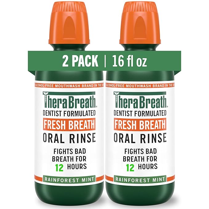TheraBreath Fresh Breath Mouthwash, Rainforest Mint, Alcohol-Free, 16 Fl Oz (2-Pack)
