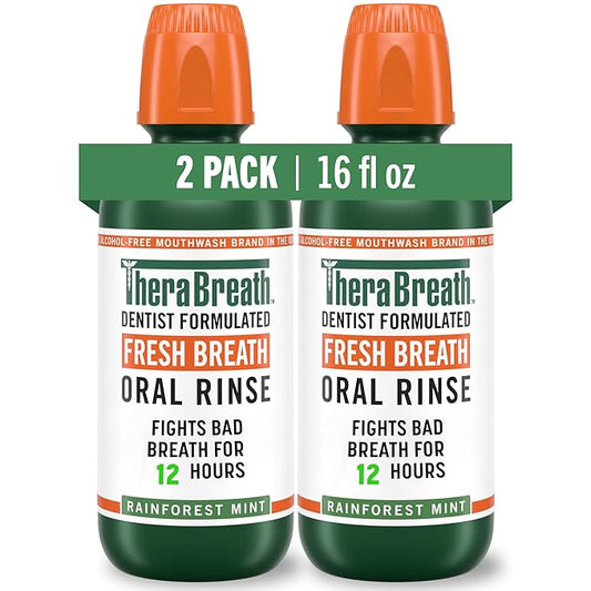 TheraBreath Fresh Breath Mouthwash, Rainforest Mint, Alcohol-Free, 16 Fl Oz (2-Pack)