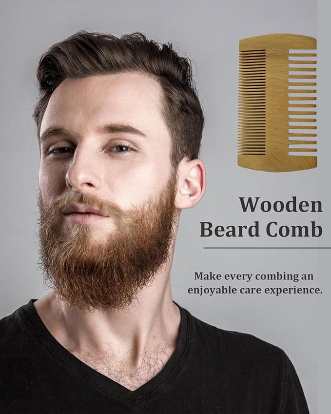 4 Pack Double-Sided Pocket Comb, Wooden Dual Action Beard and Mustache Comb Set with Leather Cases for Beards and Mustaches, Everyday Styling Comb For Detangling Knots (Rosewood)