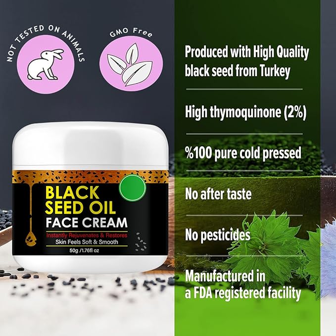 Organic Cold Pressed Black Seed Oil Face Moisturizer Cream - Deeply Nourishing Unisex Facial Cream for Tightening and Lifting Anti-Aging Reduces Fine Line GMO-Free Cruelty-Free,1.76 Fl Oz