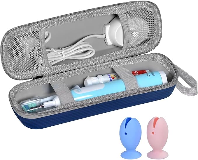Travel Case for Oral-B/Oral-B Pro/Phlips Sonicare Electric Toothbrush with 2pcs Toothbrush Heads Cover Cap, Portable Hard Protective Storage Bag with Accessories Storage (Blue)