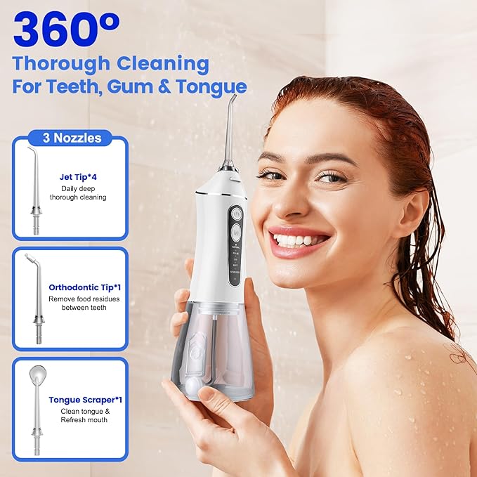 Water Flosser for Teeth Cleaning and Flossing, 5 Modes Rechargeable Cordless Oral Irrigator 320ml Water Tank Teeth Cleaner, IPX7 Waterproof Portable Electric Dentel Flossers for Home and Travel,White
