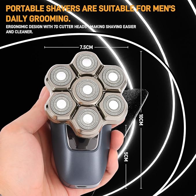 Head Shaver for Bald Men, 7D Electric Rotary Razor 5-in-1 Grooming Kit with Nose Hair Trimmer, Sideburn Clipper & Facial Brush, USB Rechargeable Wet & Dry IPX6 Waterproof Shaver with LED Display