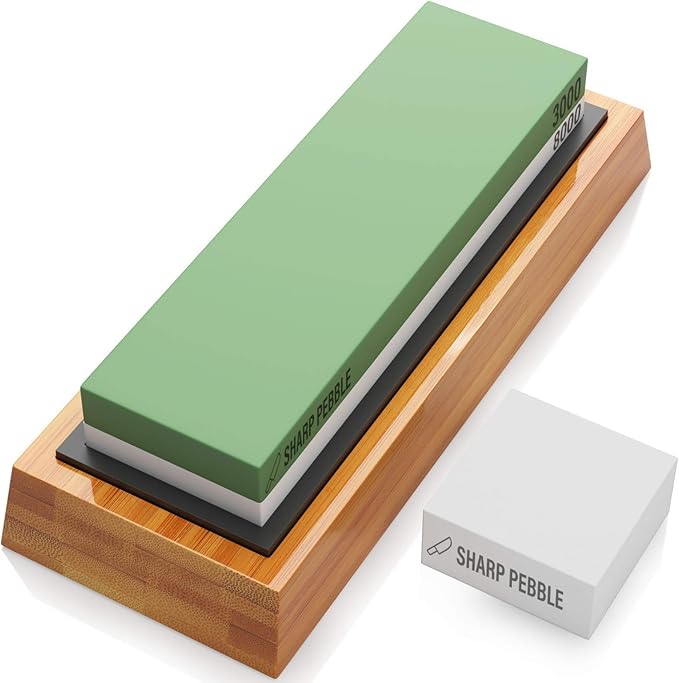 Sharp Pebble Premium Whetstone Knife Sharpening Stone 2 Side Grit 3000/8000 Wetstone Kit -Wetstone Kitchen Knife Sharpener with Non-Slip Bamboo Base & Flattening Stone