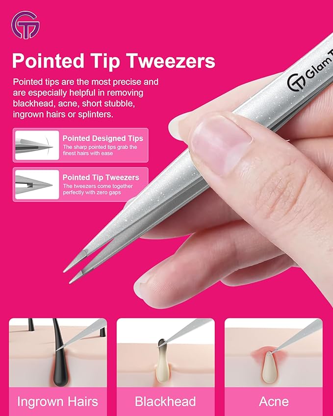 Expert Slant and Point Tip Tweezer Set with Exclusive Storage & Carrying Case, GlamTweeler Sharp & Precision Tweezer Set for Eyebrows, Facial Hairs & Fine Hairs Removal (Sparkle Royal Blue + Silver)