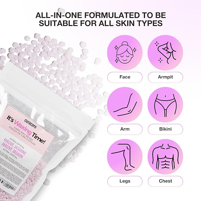 Curacoro Italian Wax Beans - 500g Hard Wax Beads for Full Body Hair Removal on Face, Body, Brazilian, Bikini, Legs, Underarms, Skin-Friendly Waxing Beads for Women & Men, Made in Italy (Mauve Jasmine)