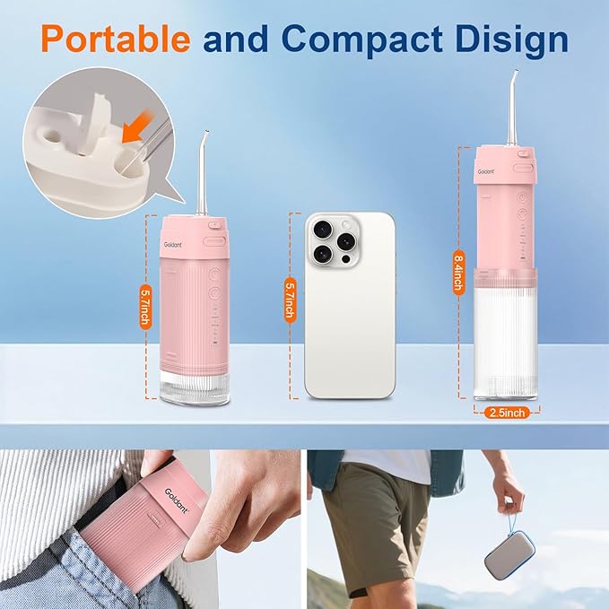 2026 New Portable Water Flosser for Teeth, 4 Modes & 4 Intensity Levels, Mini Small Design with Exquisite Travel Case, Removable Tank, IPX7 Waterproof, Cordless Dental Oral Irrigator (Pink)