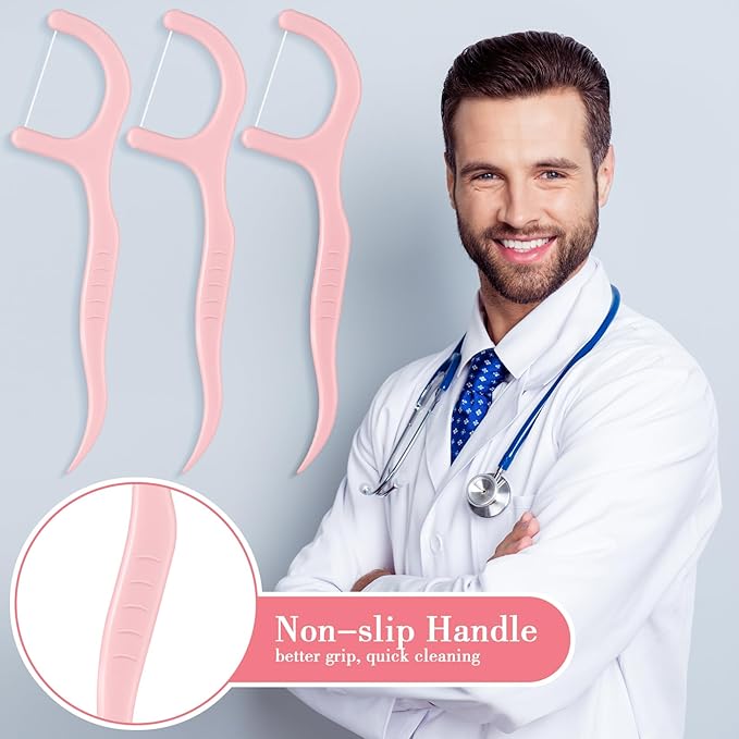 Baderke 200 Count Floss Picks Bulk Non Breakable Tooth Picks Flosser Dental Floss Sticks for Adults Teeth Cleaning Dental Flossers for Family Pack Travel (Light Pink)