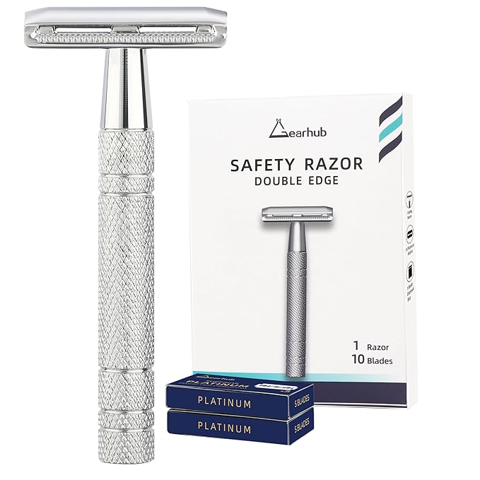 Gearhub Double Edge Safety Razor Reusable Stainless Metal Wet Shaving Razor with 10 Swedish Platinum Blades for Men Women Barber Bikini Armpit Hair, Silver GRB2D