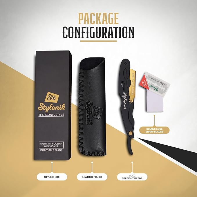 Professional Straight Edge Barber Razor – 60 Single/30 Double-Sided Stainless Steel Blades for Men & Women, with Leather Case (Gold)