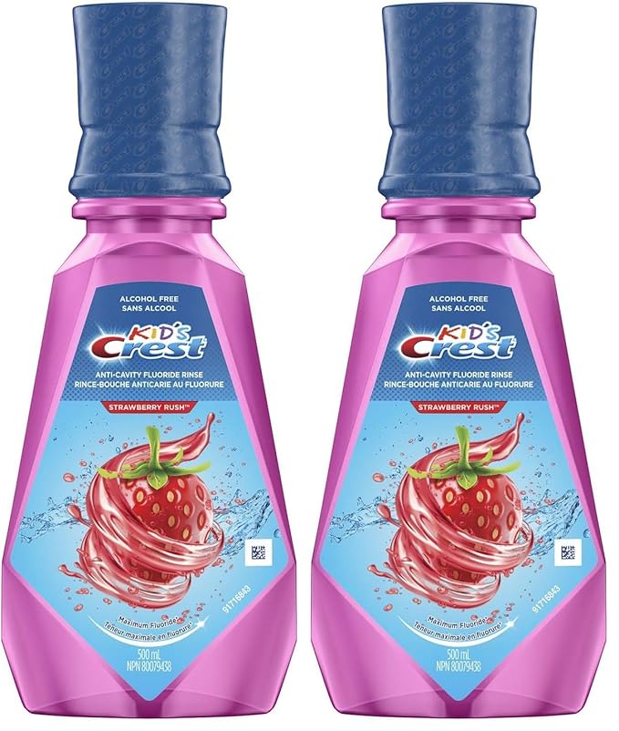 Crest Kid's Anti Cavity Fluoride Mouthwash, Alcohol Free, Strawberry Rush, 500 mL (16.9 fl oz), (Pack of 8)
