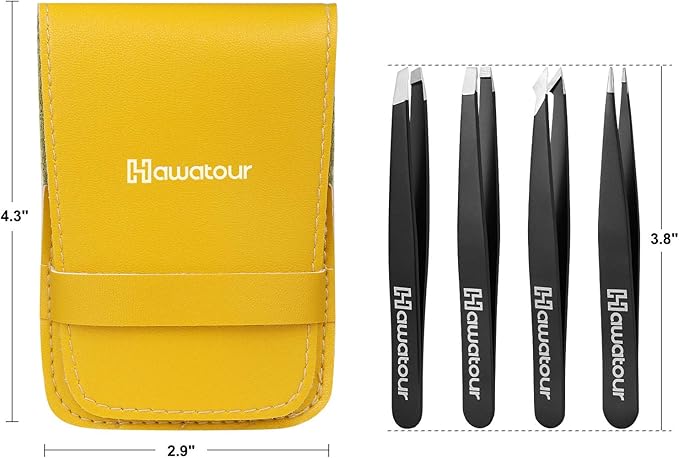 HAWATOUR Tweezers Set, 4Pcs Eyebrows Tweezers & 1Pc Scissor with Leather Case, Great Precision for Ingrown Hair, Facial Hair Removal, Black
