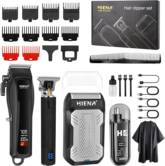 HIENA PRO Cordless Hair Clippers for Men, Professional Barber Kit - Beard Trimmer, Aluminum Foil Shaver, Nose Trimmer, 10 Limit Combs - Fast Charge, Smart LED Display (Clippers/Trimmer)