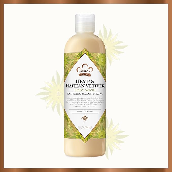 Nubian Heritage Body Wash Indian Hemp & Haitian Vetiver Cleanser for All Skin Types Made with Fair Trade Shea Butter, 13 oz