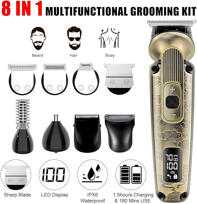 Hatteker Beard Trimmer Mustache Trimmer for Men 8 in 1 Adjustable Speed Hair Clipper T-Blade Electic Razor Shavers Cordless Mens Gift Grooming Kit with Face Nose Body (Bronze)