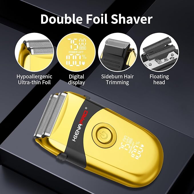 HIENA PRO Professional Beard Trimmer for Men, Reciprocating Electric foil Shaver & Bald Head Precision Trimmer, Men's Facial Grooming Tool with LED, Perfect Gifts for Men(Gold)