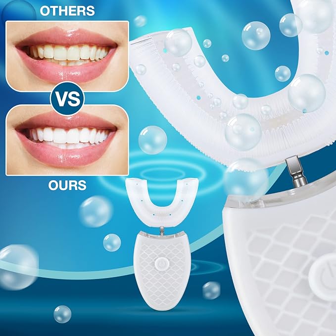 2 Pieces Ultrasonic Electric Toothbrush Adults U Shaped Automatic Toothbrushes for Teeth Whitening, 3 Brush Heads, Whole Mouth 360 Degree Cleaning Hands Rechargeable IPX7 Waterproof (No Base)
