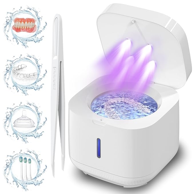 Ultrasonic Retainer Cleaner Machine, Dental Cleaning Pod for Dentures, Mouth Guard, Aligner, Night Guard, Jewelry, Braces, Ultra Sonic Cleaner for All Dental Appliances (White)