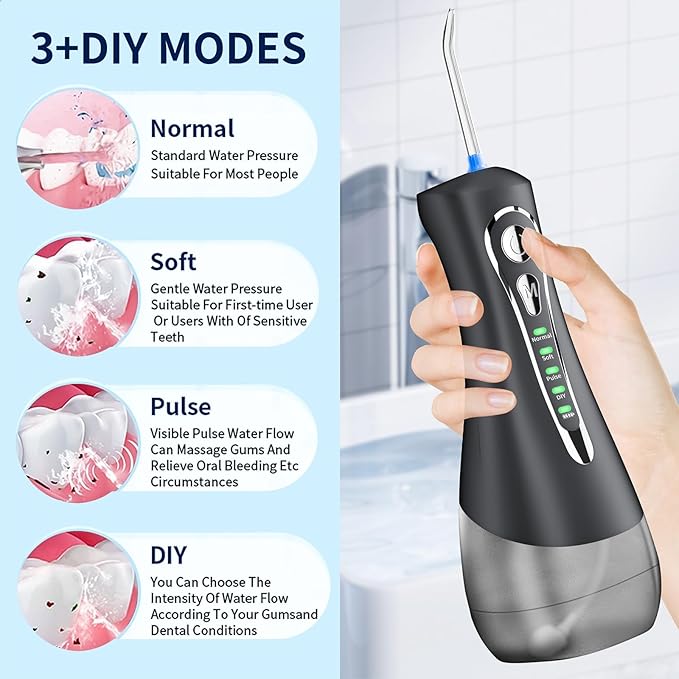 Water Flosser for Teeth Cleaning and Flossing 4 Modes DIY 4 Jet Tips Cordless Dental Electric Water Floss Portable Oral Rechargeable Advanced Tonsil Stone Irrigator Kids Adults Travel Braces