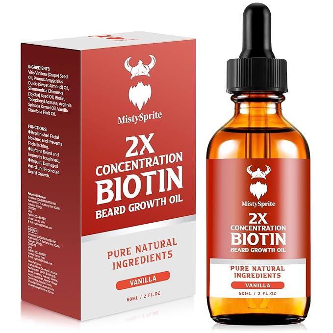 Beard Growth Oil - 2X Concentration Biotin for Men (2 oz) - Natural With Argan, Jojoba and Vitamin, Growth Softener, Moisturizer (Vanilla)