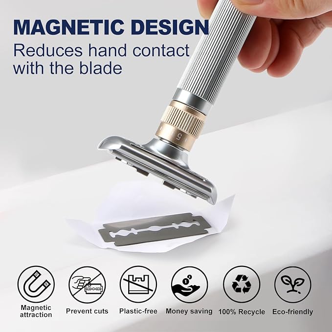 Double Edge Safety Razor, Single Blade Razors for Men, with 10 Platinum Coated Swedish Safety Razor Blades, Sustainable, Close and Smooth Wet Shaving, Adjustable Blade Angle, Matte Silver