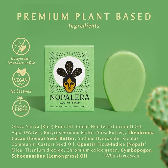 Nopalera Bar Soap, Lemongrass Essential Oils - Natural Body and Face Cleanser, Moisturizing and Exfoliating, Soft Skin Care Made With Clean, Vegan Ingredients, 4 oz