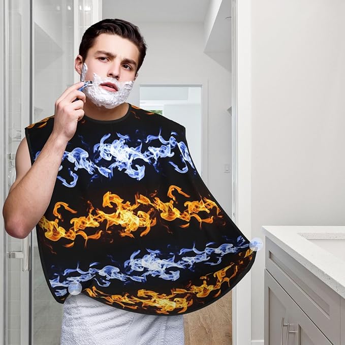 Non-Stick Beard Bib for Shaving, Red and Blue Fire Black Shave Bib, Waterproof Hair Catcher with Suction Cups, Grooming Apron Men Husband