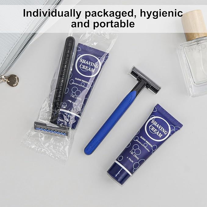 Shaving Razor Set, Disposable Individually Wrapped Manual Twin Blade Razors in Bulk Smooth Shaving Razors with Mini Shaving Cream Toiletries for Hotel Charity Camping Travel Homeless 1oz (Pack of 30)
