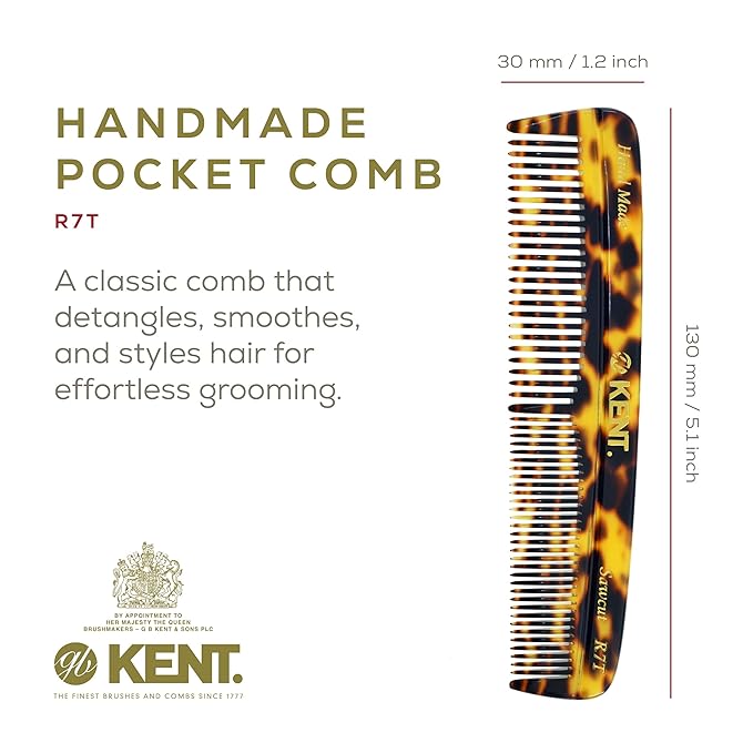Kent R7T TY Fine and Wide Tooth Hair Comb, Handmade Pocket Comb for Mens Beard and Mustache for Everyday Grooming and Styling, Sawcut Hand polished, Made in England