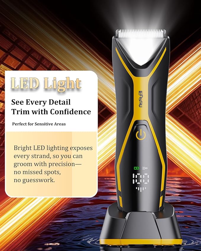 Electric Body Hair Trimmer for Men Type-C Rechargeable, Ball Pubic Trimmer Shaver Men with LED Light, Groin Body Groomer for Man, USB Recharge Dock& 1H Fast Charge, LED Display, Black+Yellow