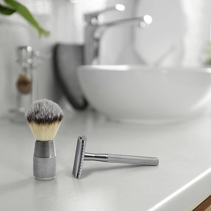 Bambaw - Shaving Brush Vegan | Silver | Ingrown Hair and Razor Bumps Treatment| Durable Shaving Brush Metal Handle| Shaving Brushes for Men and Women | Waste Free Synthetic Hair Brush