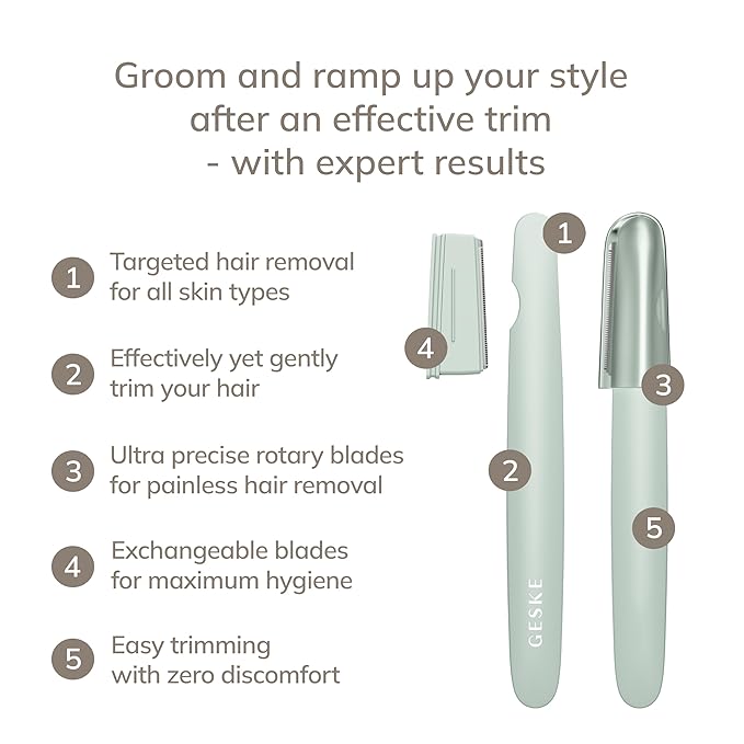 GESKE Precision Trimmer | 4 in 1 | Painless, Hygienic Hair Remover | Precise Hair Trimmer Tool | Face & Body | Men & Women | Grooming Device | Hypoallergenic, Easy-to-exchange Blades | All Skin Types