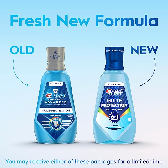 Crest Pro-Health Advanced Multi-Protection Mouthwash, Alcohol Free Mouthwash, Fresh Mint, 500 mL (16.9 Fl Oz), Pack of 4, Crest Mouthwash, Flouride Mouthwash