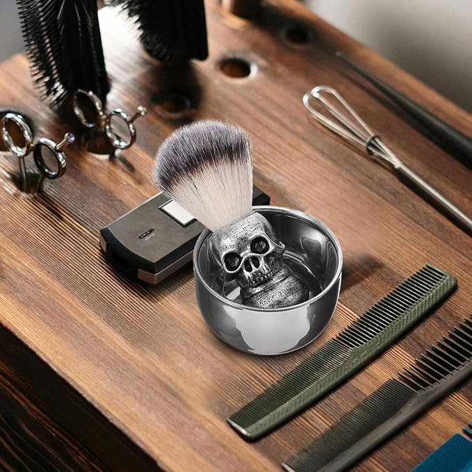 Shaving Bowl and Brush Kit, Skull Design Shaving Bowl Wide Mouth Shaving Kit Stainless Steel Beard Brush Shaving Tools For Men Women