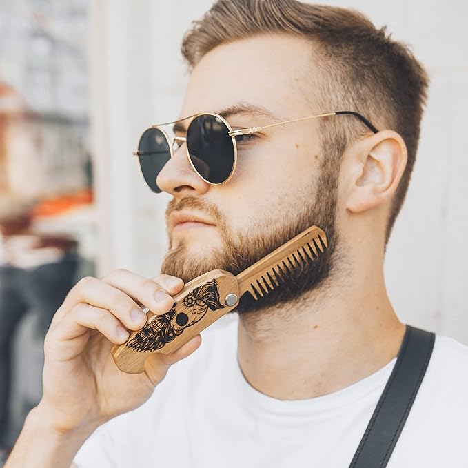 Beard Comb Personalized Gifts Anniversary Gift Wooden Brush Custom Comb Groomsmen Gift Hair Brush Pocket Brush Birthday Gift for Boyfriend (Walnut, Half Skull)