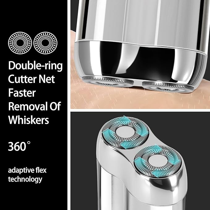 Mini Electric Shaver for Men, Upgrade Pocket Dual Head Shaver, Portable Razor for Men, Rechargeable Waterproof Compact Travel Electric Razor, USB Close Battery shavers (Silver)