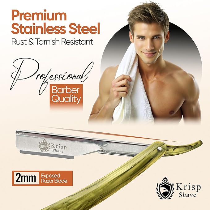 Professional Straight Razors For Men 2mm Exposed Blade Straight Edge Barber Razor Kit For Close Shaving - Beard Navajas Para Barbero Shavette 10 Shaving Blades By Krisp Beauty (Yellow Marble Design)