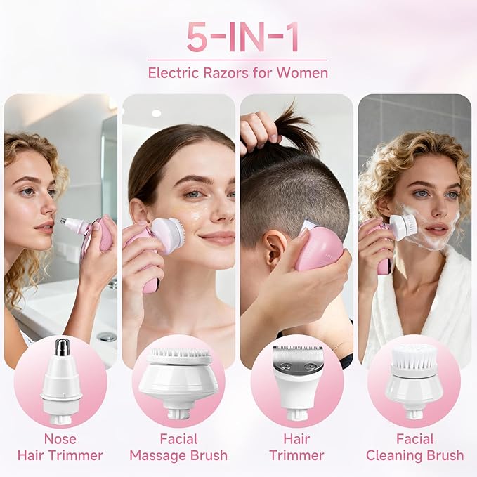 Electric Razors for Women Legs, 5-in-1 Electric Shaver for Women & Body Shaver, Waterproof Wet/Dry 7-Blade Women’s Electric Shaver with Womens Facial Hair Shaver for Lady Face Underarms Public