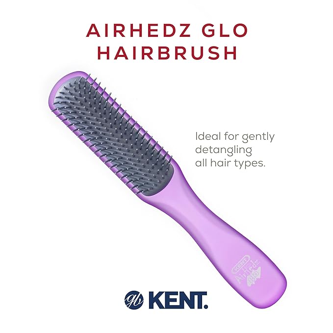 Kent AHGLO02 Airhedz Glo Purple Half Round Narrow Detangling Hair Brush - 9 Row Ionic Anti Static Non Scratch Long Nylon Bristle Great for Detangling and Smoothing Medium to Long Length Hair
