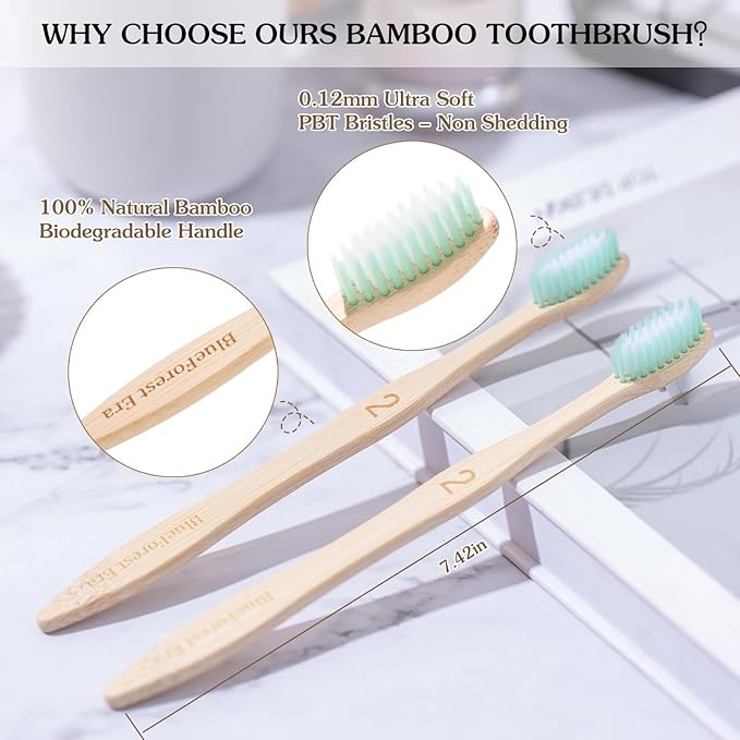 Bamboo Toothbrushes 10 Count Set, BPA Free Soft PBT Bristles, Natural Eco-Friendly Wooden Toothbrush, Organic Biodegradable Travel Tooth Brush for Adults