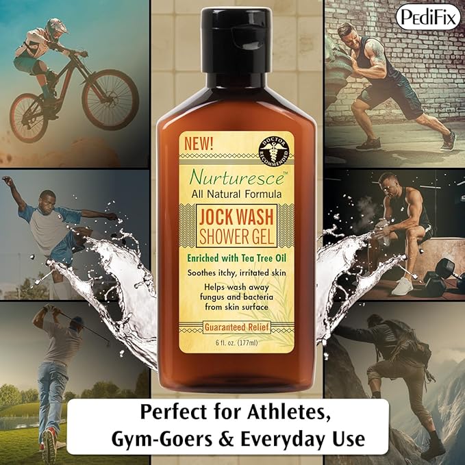 PediFix Nurturesce Jock Wash Shower Gel, 6 Fluid Ounce - Tea Tree Oil Enriched, Anti-Fungal, Soothes Itchy Irritated Skin, Natural Body Wash (Packaging May Vary)