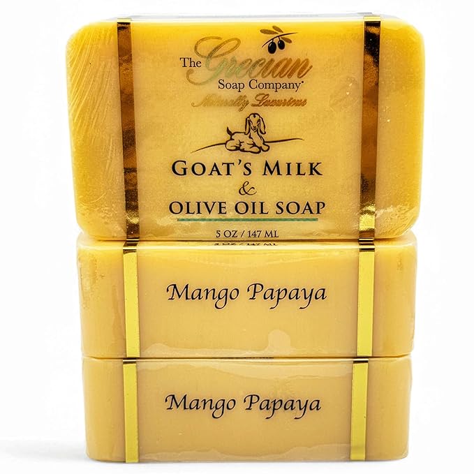 The Grecian Soap Company Goat Milk & Olive Oil Bar 3-Pack – Mango Papaya Scent, Natural Moisturizing Soap Bars, Made in USA