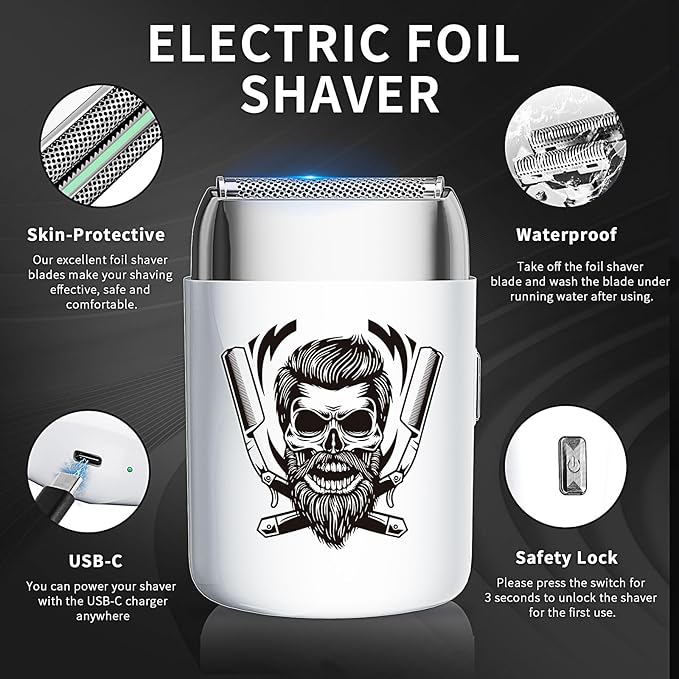 BESTBOMG Electric Foil Shaver for Men, Waterproof Rechargeable Razor with 2 Floating Blades for Bald Men, IPX6 Wet/Dry Use, Type-C Charging, Portable Travel Shaver for Face and Head Shaving