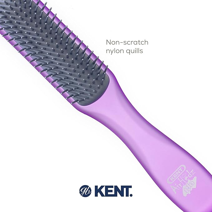 Kent AHGLO02 Airhedz Glo Purple Half Round Narrow Detangling Hair Brush - 9 Row Ionic Anti Static Non Scratch Long Nylon Bristle Great for Detangling and Smoothing Medium to Long Length Hair