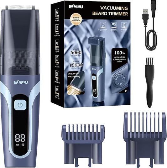 Beard Trimmer for men, Vacuum Mustache Trimmer with Type-C Charging, IPX7 Waterproof Electric Shaver Body Hair Trimmer for Men with LCD Display, Length Adjustable Blade Wheel (1/25"-4/5") (Blue)