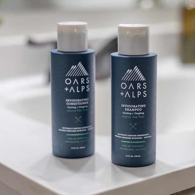 Oars + Alps Men's Sulfate Free Hair Shampoo and Conditioner Set, Infused with Witch Hazel and Tea Tree Oil, Alpine Tea Tree, Travel Size 3.4oz Each