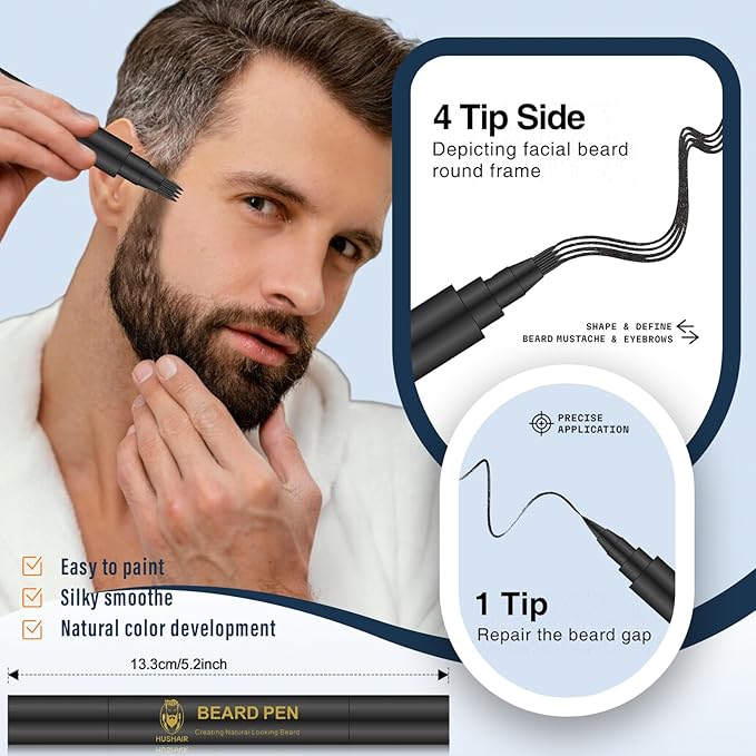 Beard Brush 5-in-1 Set for Men - Natural Boar Bristle Brush & Beard Pen Filler，Stainless Steel Beard Comb/Combing Brush/Ramie Storage Bag - Great for Grooming Beards and Mustaches